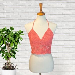 Handmade Coral Halter Top with Scalloped Design Crocheted Festival Tankini